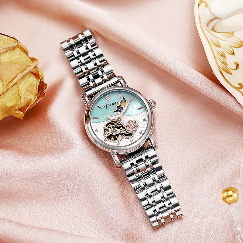 Enchanting Moon Phase Automatic Watch — Open Case Back, Stainless Steel, Ladies Mechanical Watch [Metal & Leather Strap Options]