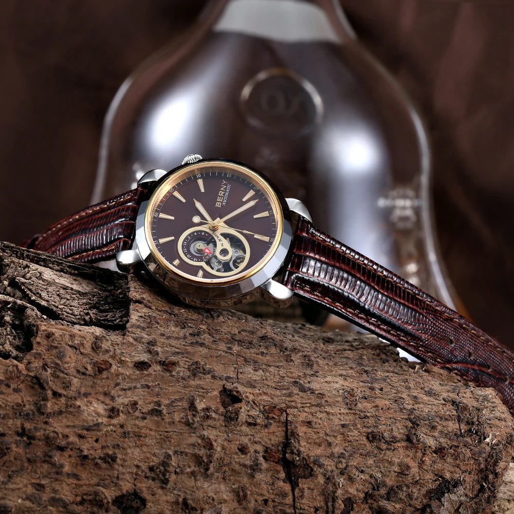 Beautiful BERNY AM107L — Women's Open Heart Automatic Watch, 24 Jewels, Genuine Leather Strap, Sapphire