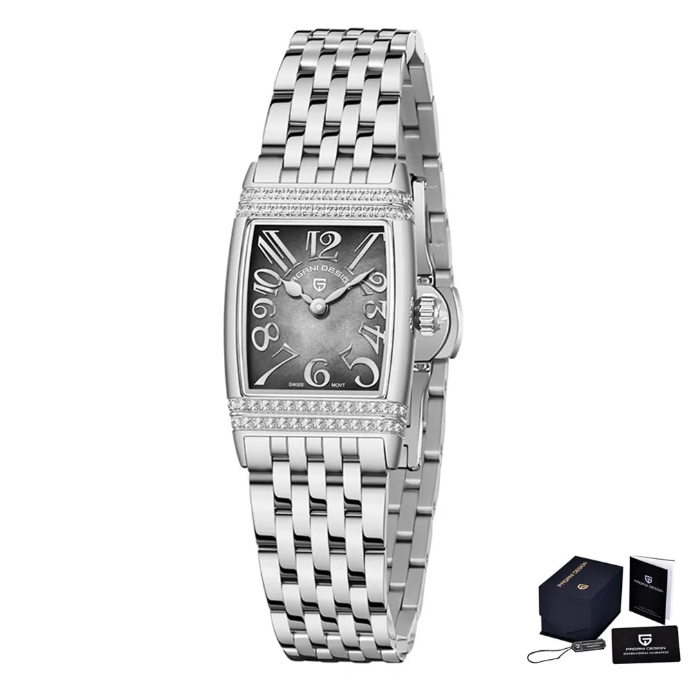 Stunning Pagani Design PD-1737L — Women's Rectangle Watch, Stone-Set Case, Swiss Ronda Movement [Rose Gold / Silver Colour Options]
