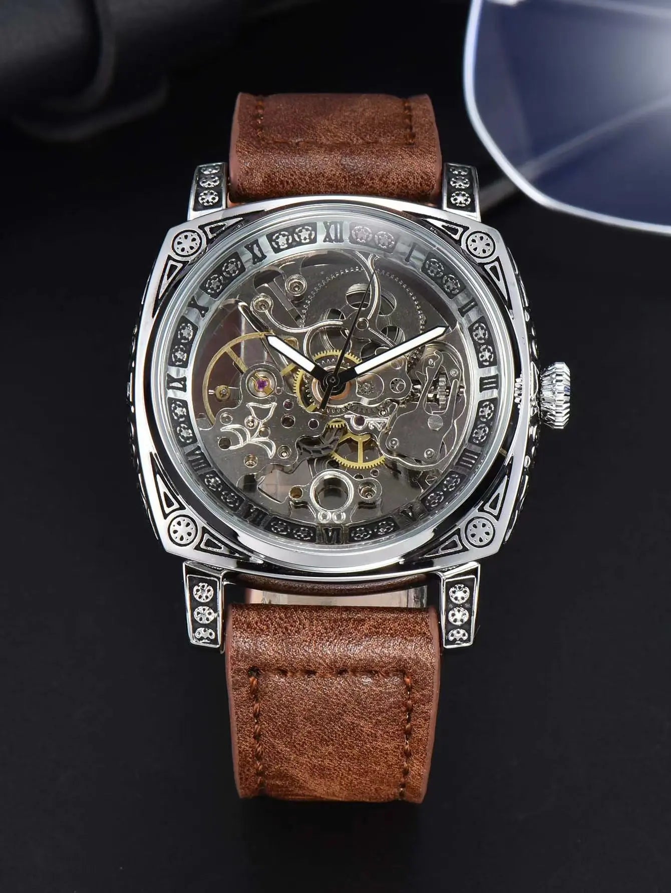 Skeleton Engraved Watch — Automatic Movement, Exhibition Case Back, Leather Strap  [Colour & Case Options]