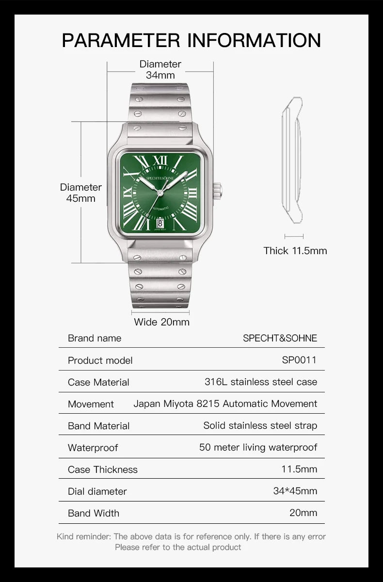 Elegance Redefined — SPECHT&SOHNE SP0011 Rectangular Automatic Fashion Watch, Sapphire Crystal, Stainless Steel [Colour Options]