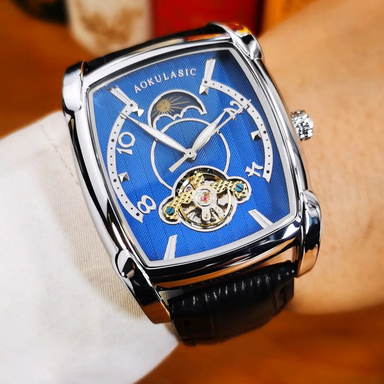 Mens Tonneau Automatic Fashion Watch – Rectangular Case, Open Heart Moonphase-Style Dial, Leather Strap – Break the Mould