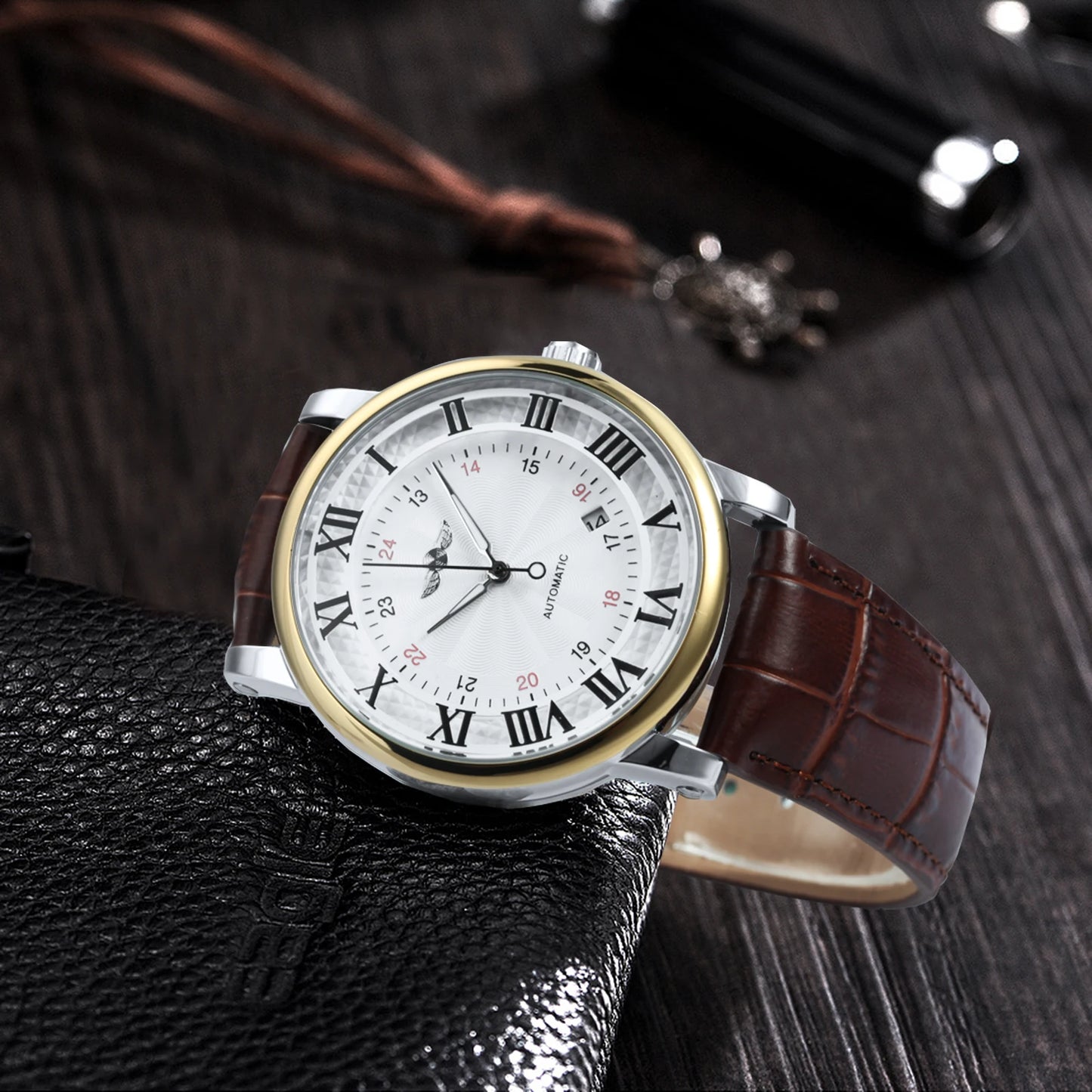 Classic Airship Style Automatic Fashion Watch — Brown Leather Strap, Minimalist Dial