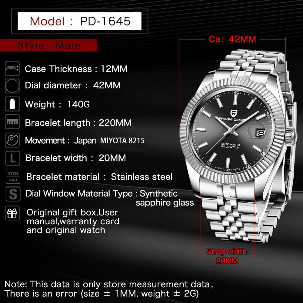 Pagani Design PD-1645 — Fluted Bezel Automatic Watch, Jubilee Bracelet, 100M Water Resistant [Multiple Colour / Dial Options]