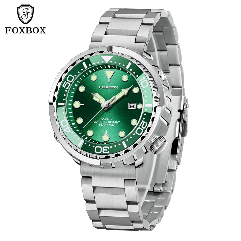 FOXBOX Shrouded Dive Watch — 50m Water Resistant, Auto Date, Luminous [Silicone & Metal Strap / Colour Options]