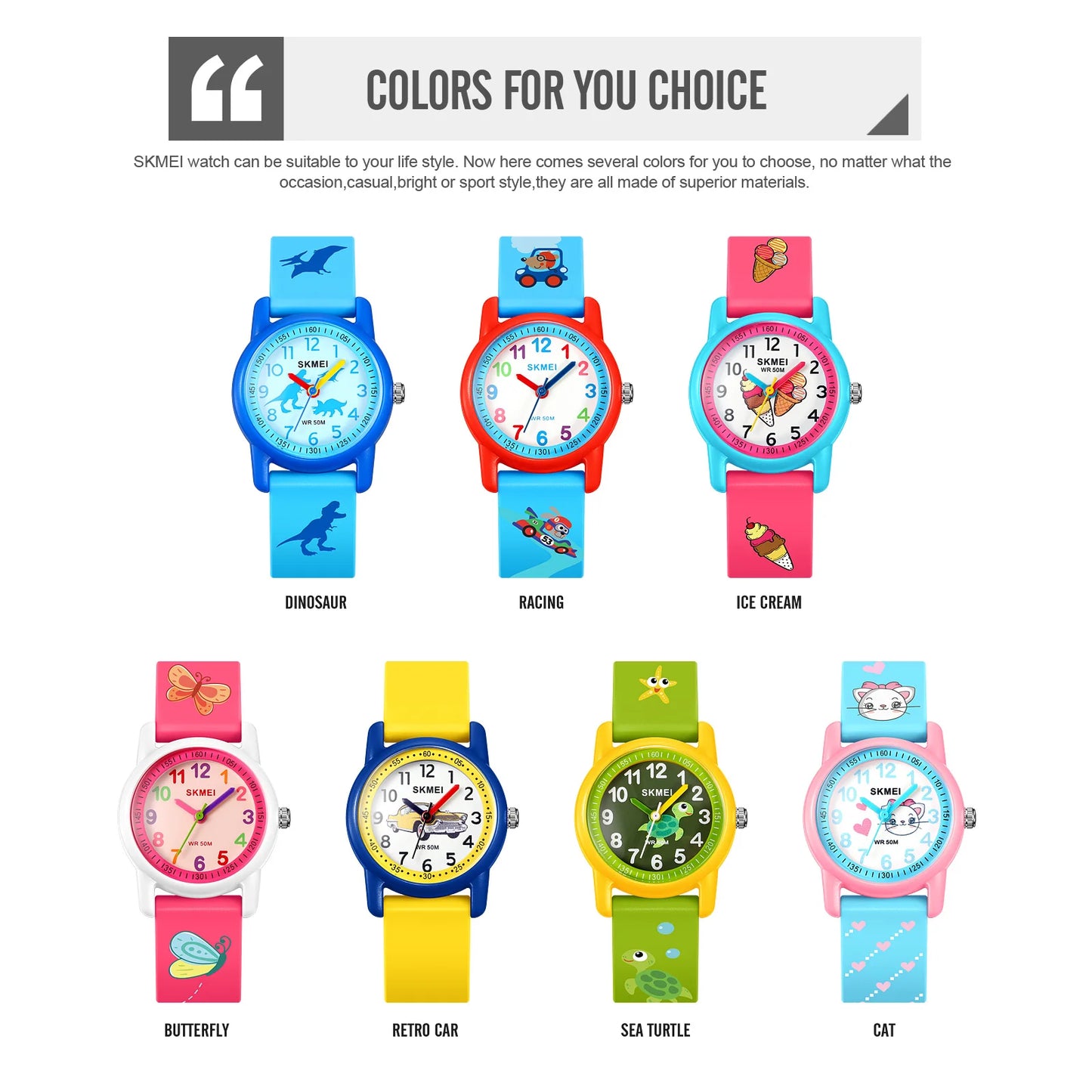 Beautiful SKMEI Kids Watch — 50m Waterproof, Boys & Girls [Colour & Cartoon Options]