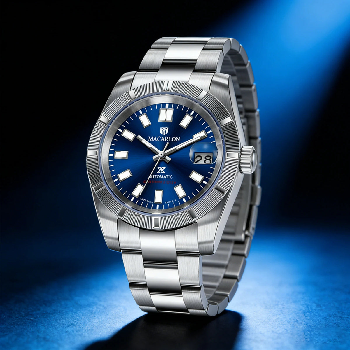 MACARLON automatic watch, blue sunburst dial, coin-edge bezel, stainless steel bracelet