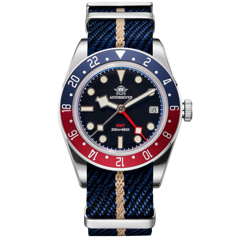 Real GMT, Real Depth — Stunning Looking ADDIESDIVE 200m Diver Watch, Screw-Down Crown [Strap and Dial Options]