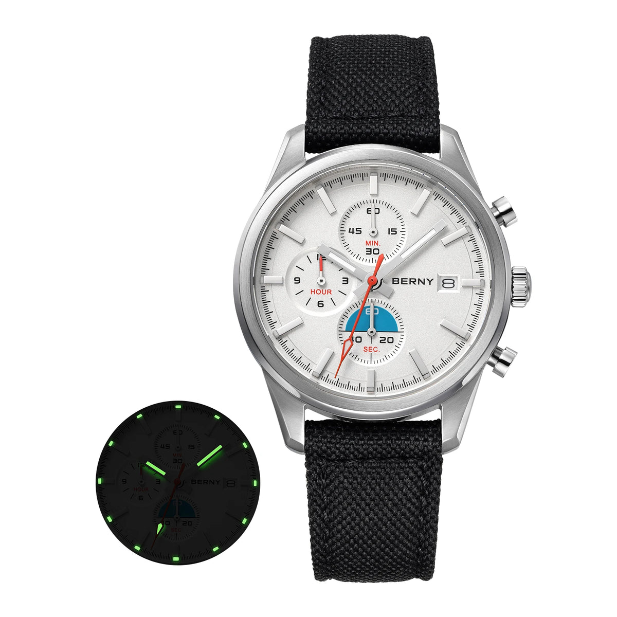 BERNY 2826M Chronograph — Miyota OS10 Quartz, AR-Coated Sapphire, 37mm, 50m, Luminous, Canvas Strap [Dial & Strap Options]