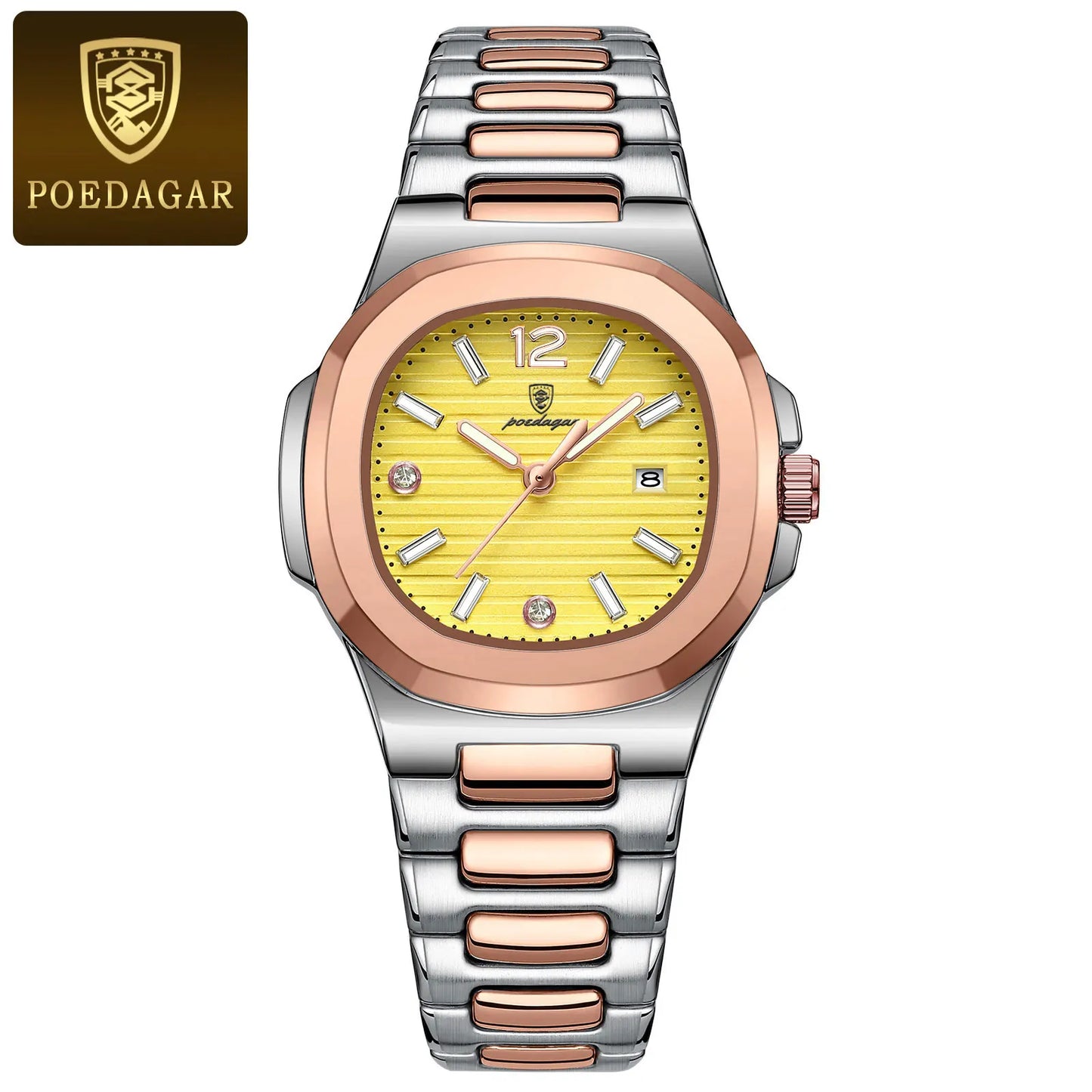 Eye Catching POEDAGAR 789S-WH — Women's Square Watch, Looks Far More Expensive Than Its Price, Luminous & Date [Silver & Rose Gold Options]
