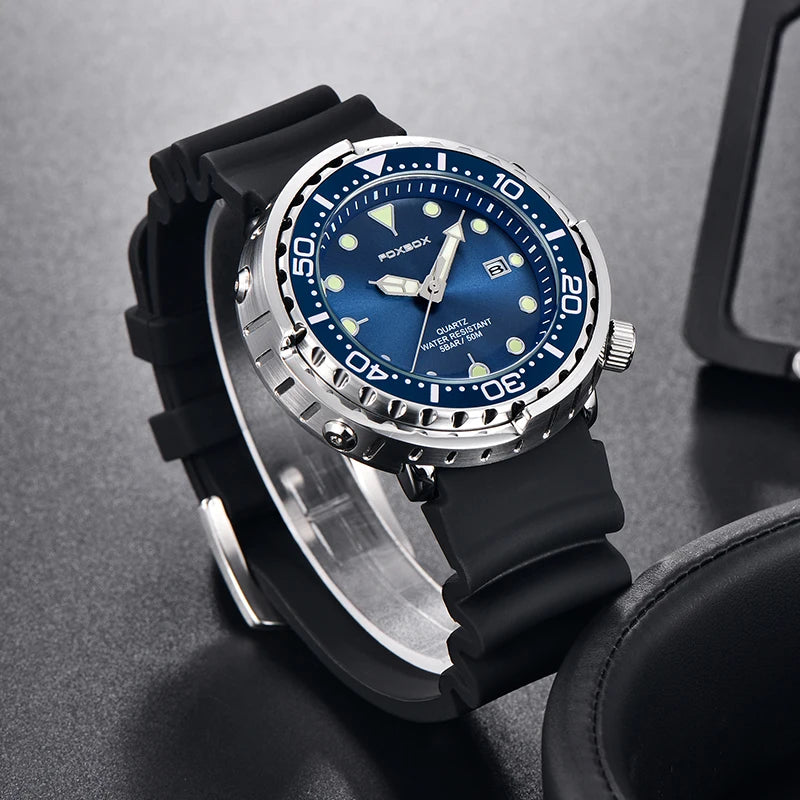 FOXBOX Shrouded Dive Watch — 50m Water Resistant, Auto Date, Luminous [Silicone & Metal Strap / Colour Options]