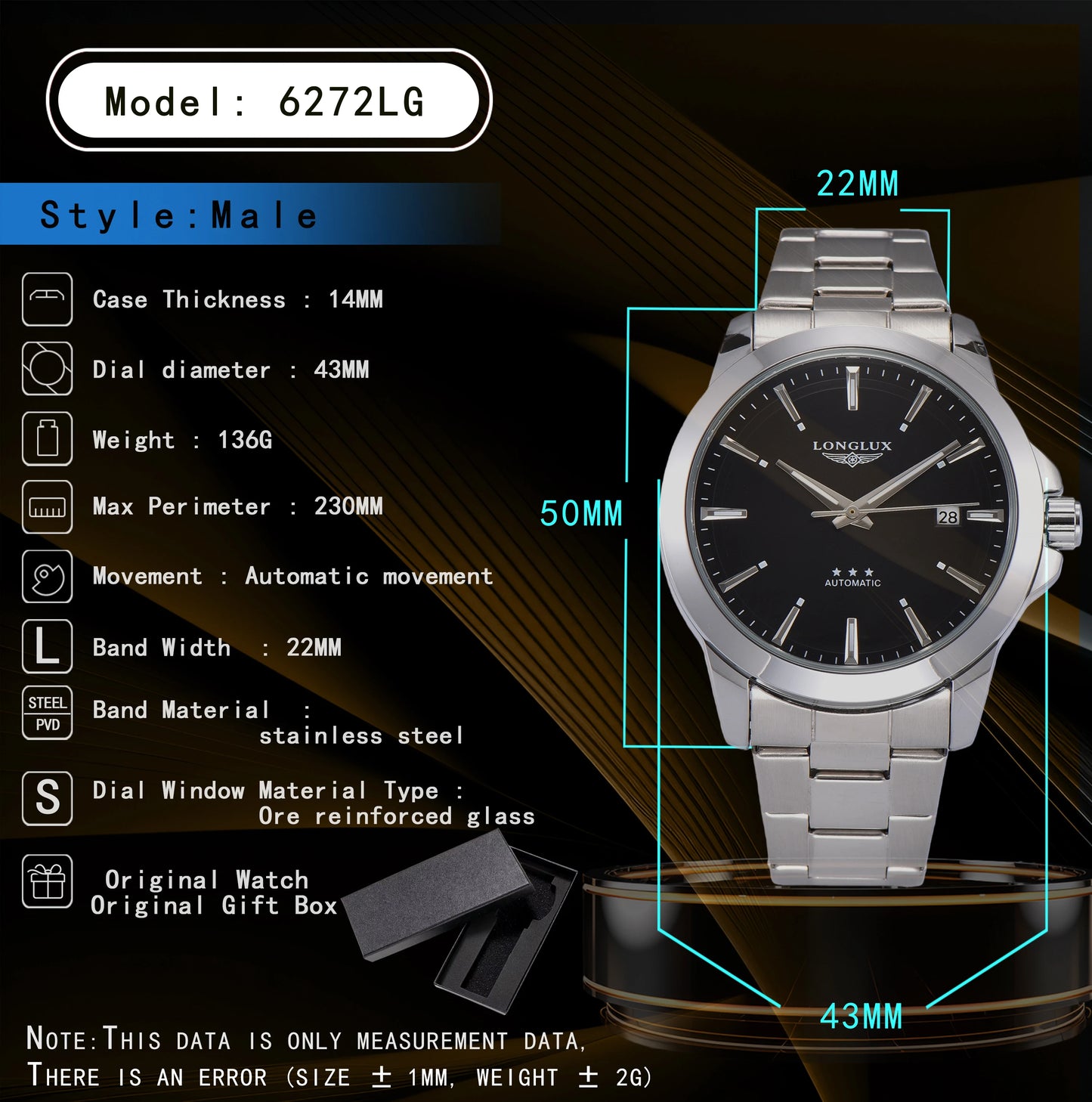 Automatic Watch Business Minimalist Modern Style Date Mechanical Watches Stainless Steel Waterproof Luminous Mens Watch Men Gift