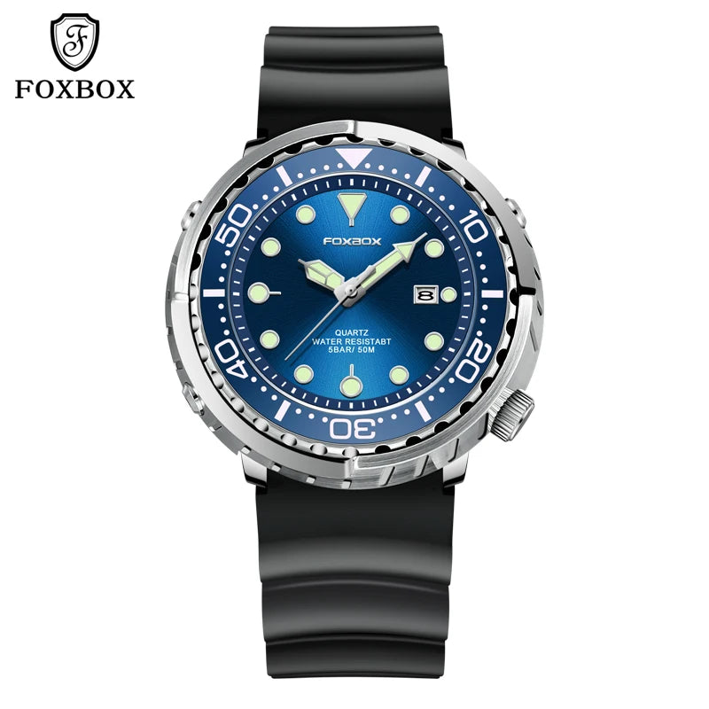 FOXBOX Shrouded Dive Watch — 50m Water Resistant, Auto Date, Luminous [Silicone & Metal Strap / Colour Options]