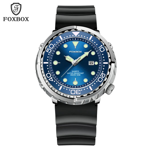 FOXBOX Shrouded Dive Watch — 50m Water Resistant, Auto Date, Luminous [Silicone & Metal Strap / Colour Options]
