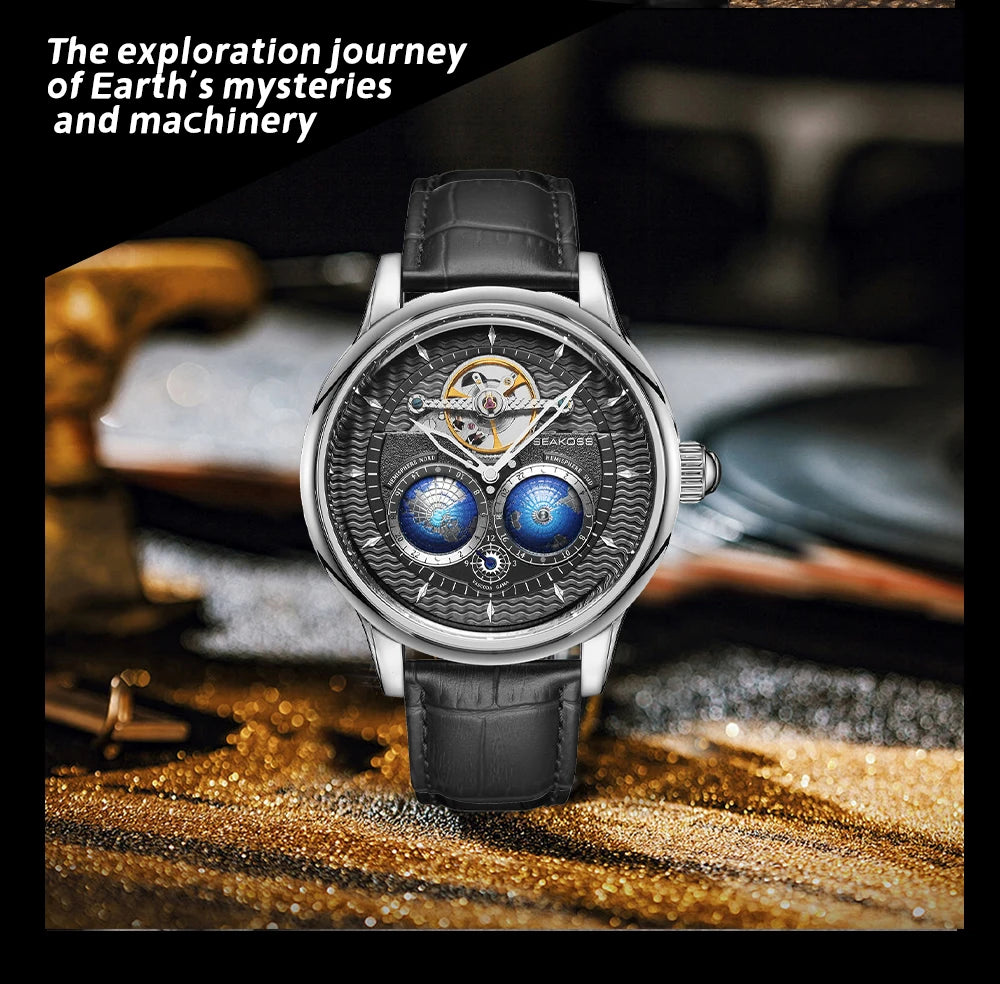 SEAKOSS Pilot Watch — Double Earth Rotating Automatic, Effortlessly Eye-Catching with Leather Strap [Colour Options]