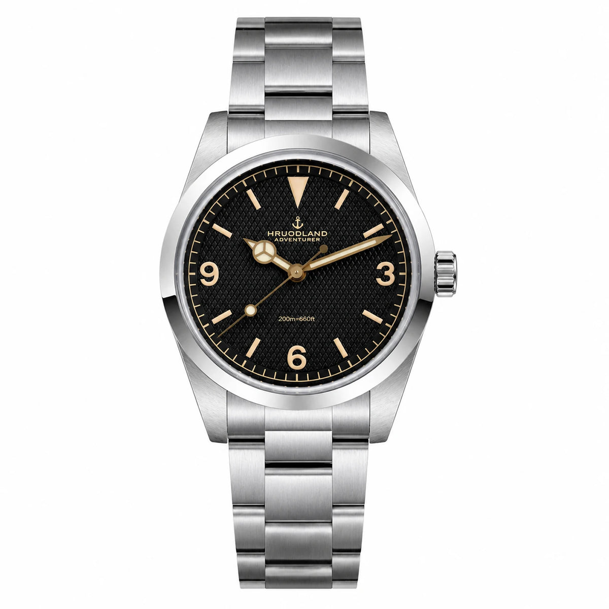 HRUODLAND HG029 36mm automatic field watch, Diamond Black dial, 3-6-9 layout, sapphire bubble crystal