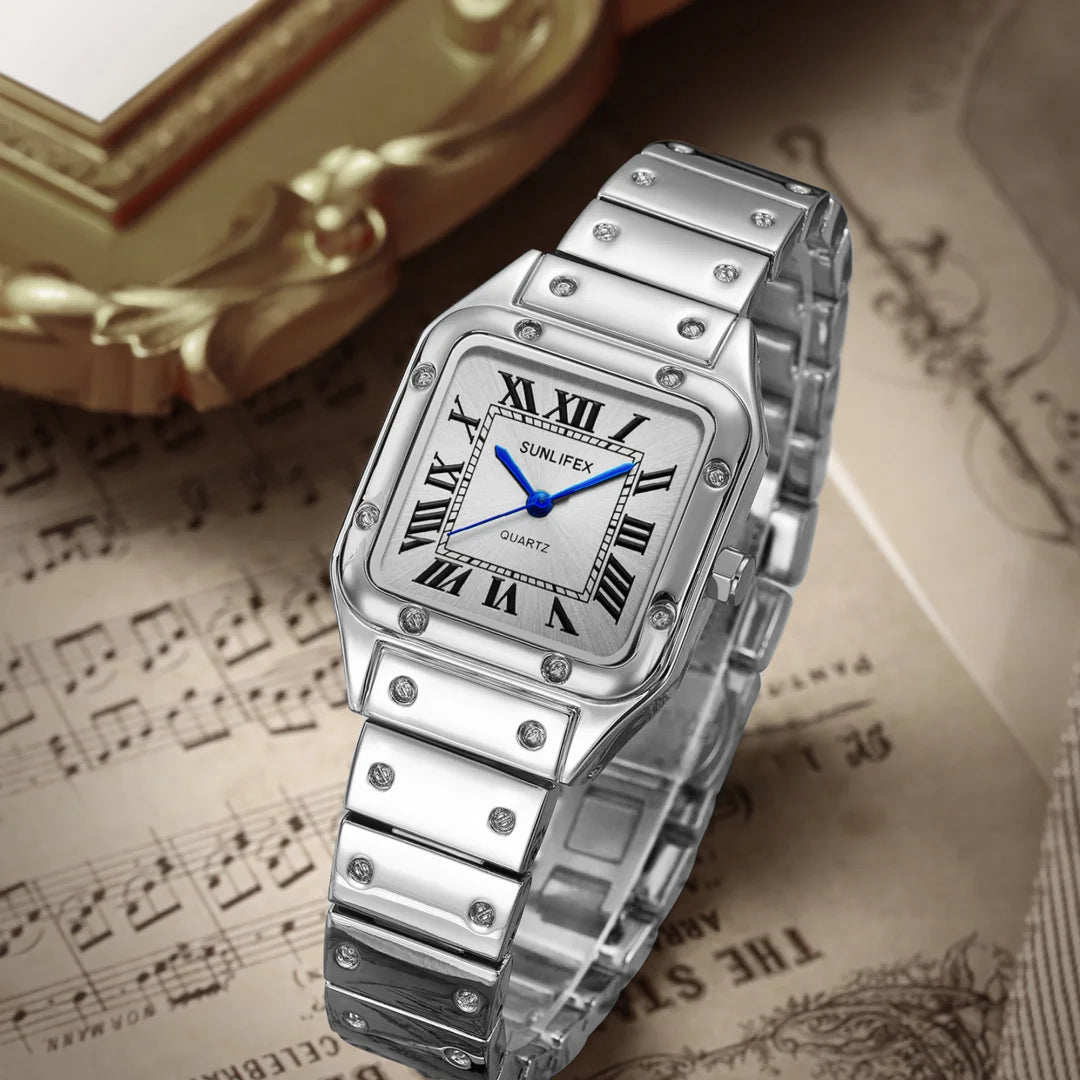 Chic Square Watch — Numberless Dial, Minimalist Ladies Quartz Watch, Metal Strap [Colour & Dial Options]