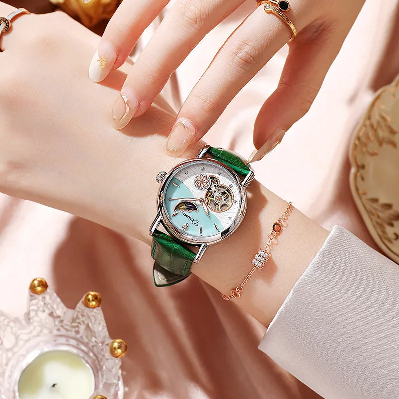Enchanting Moon Phase Automatic Watch — Open Case Back, Stainless Steel, Ladies Mechanical Watch [Metal & Leather Strap Options]