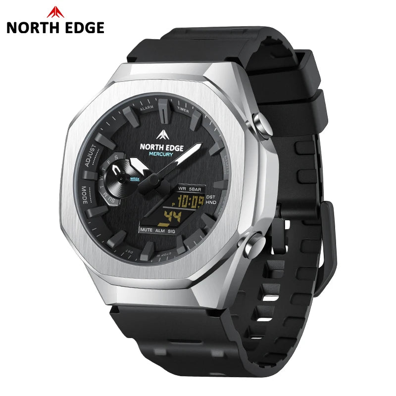 NORTH EDGE MERCURY analog-digital sports watch, silver case, black strap, digital display
