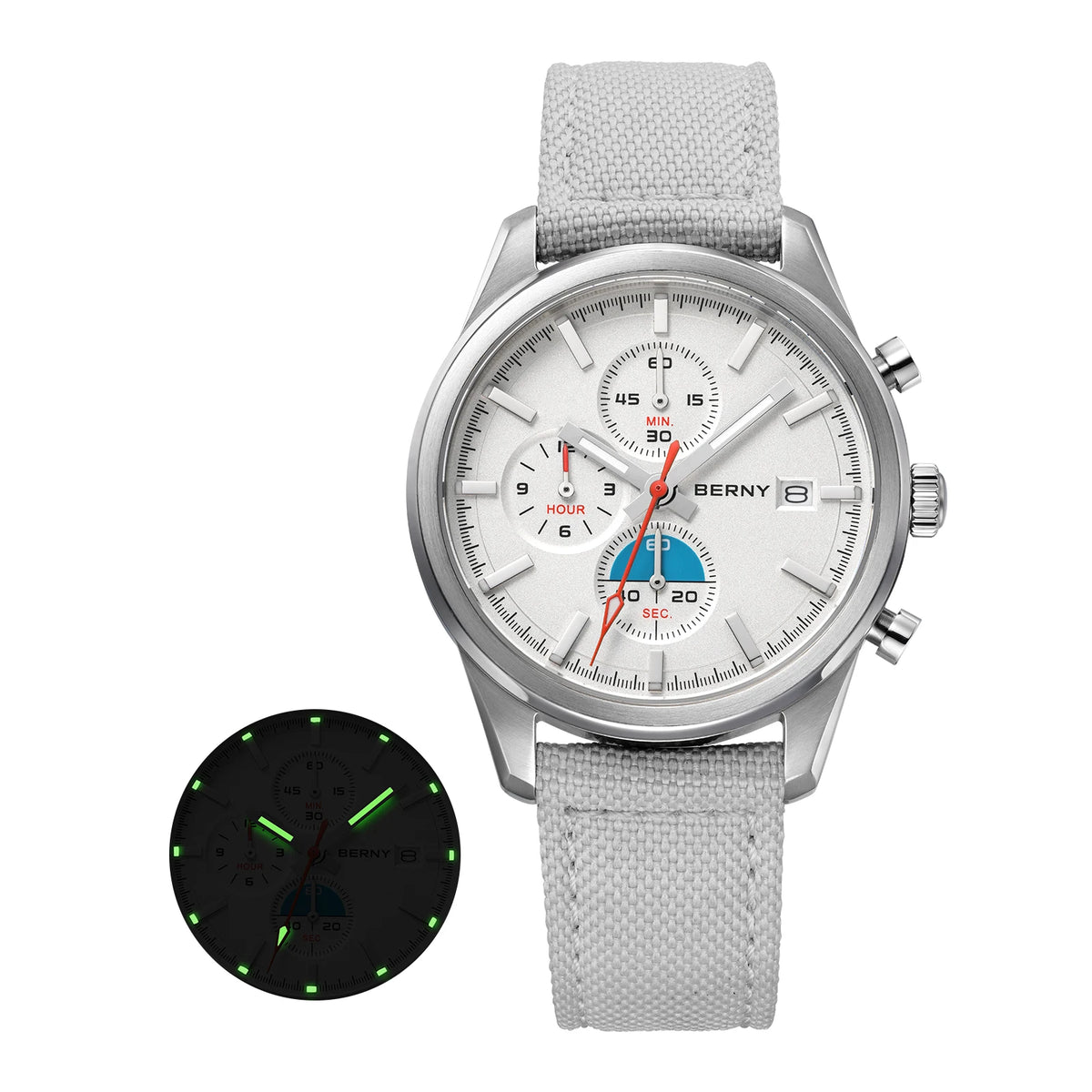 BERNY 2826M Chronograph — Miyota OS10 Quartz, AR-Coated Sapphire, 37mm, 50m, Luminous, Canvas Strap [Dial & Strap Options]