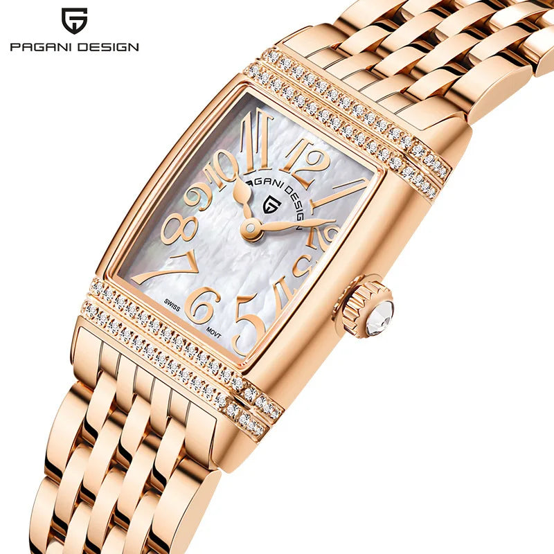 Stunning Pagani Design PD-1737L — Women's Rectangle Watch, Stone-Set Case, Swiss Ronda Movement [Rose Gold / Silver Colour Options]