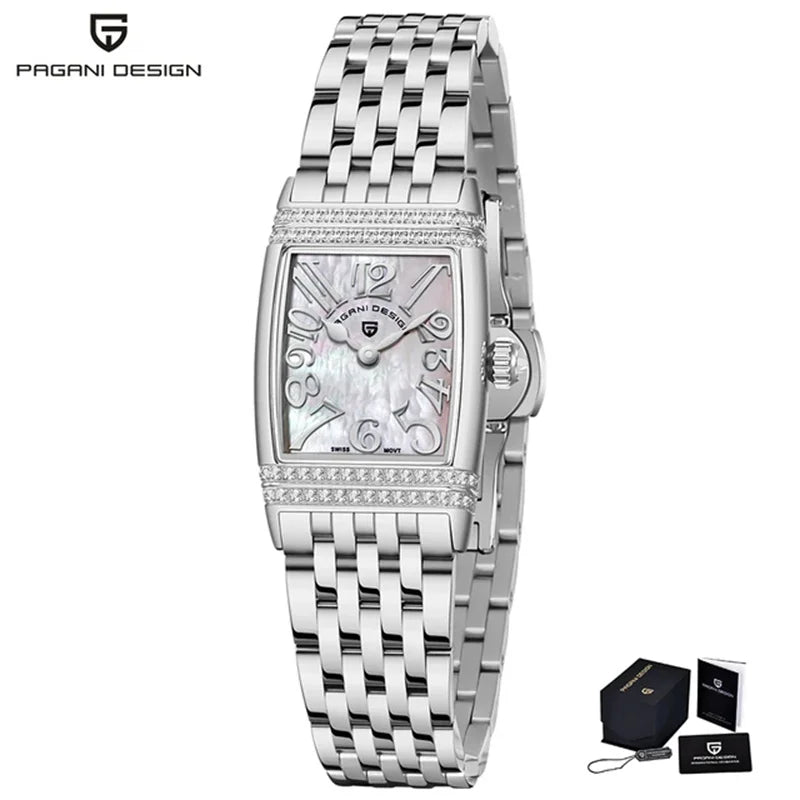 Stunning Pagani Design PD-1737L — Women's Rectangle Watch, Stone-Set Case, Swiss Ronda Movement [Rose Gold / Silver Colour Options]