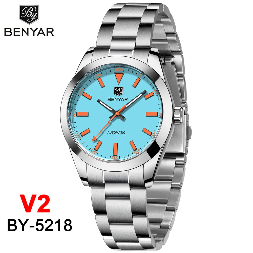 BENYAR Automatic Watch — Orange Lightning-Bolt Seconds Hand, 50M Water Resistant Metal Oyster Strap [Colour Choices]