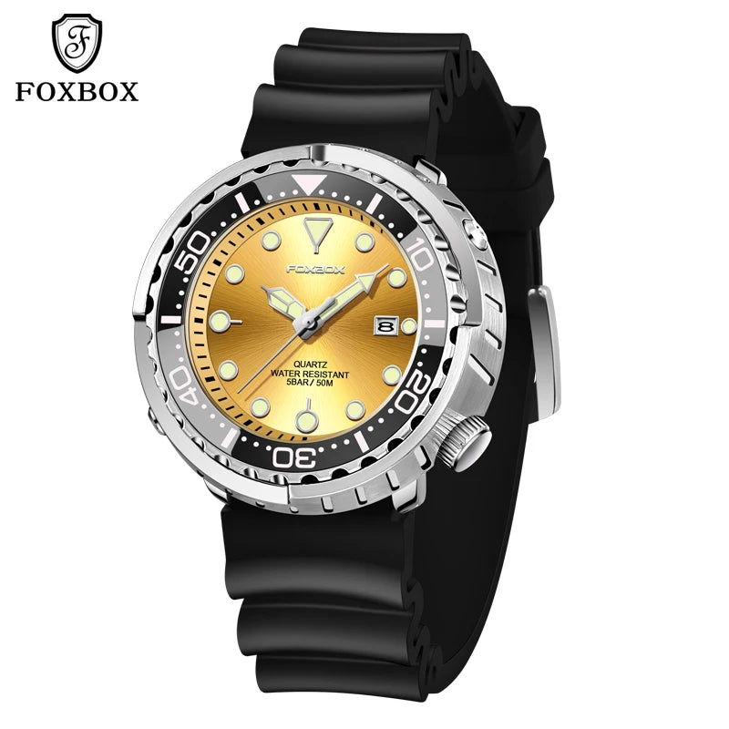 FOXBOX Shrouded Dive Watch — 50m Water Resistant, Auto Date, Luminous [Silicone & Metal Strap / Colour Options]