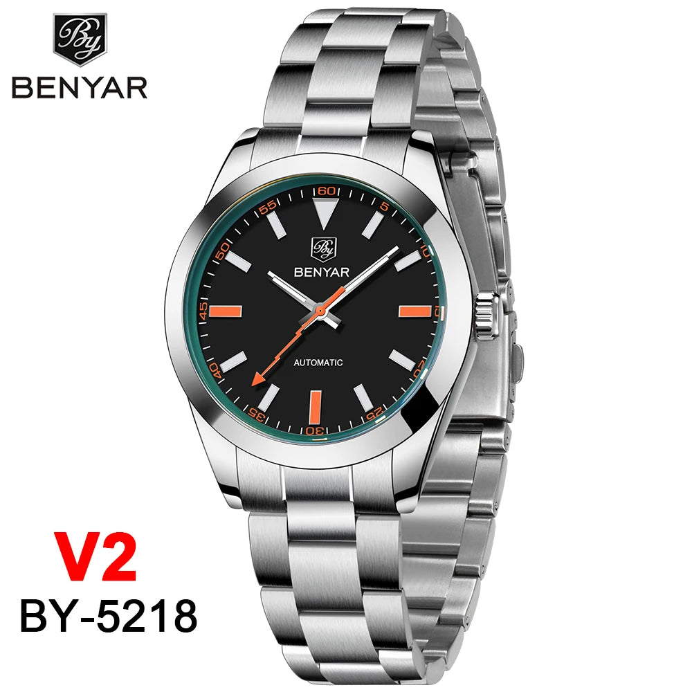 BENYAR Automatic Watch — Orange Lightning-Bolt Seconds Hand, 50M Water Resistant Metal Oyster Strap [Colour Choices]