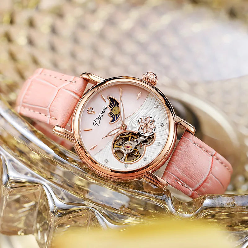 Enchanting Moon Phase Automatic Watch — Open Case Back, Stainless Steel, Ladies Mechanical Watch [Metal & Leather Strap Options]