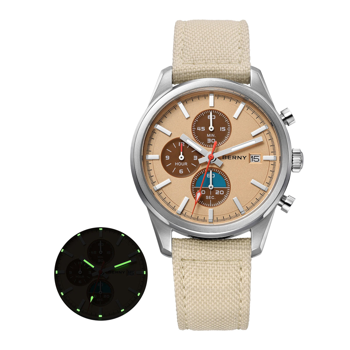 BERNY 2826M Chronograph — Miyota OS10 Quartz, AR-Coated Sapphire, 37mm, 50m, Luminous, Canvas Strap [Dial & Strap Options]