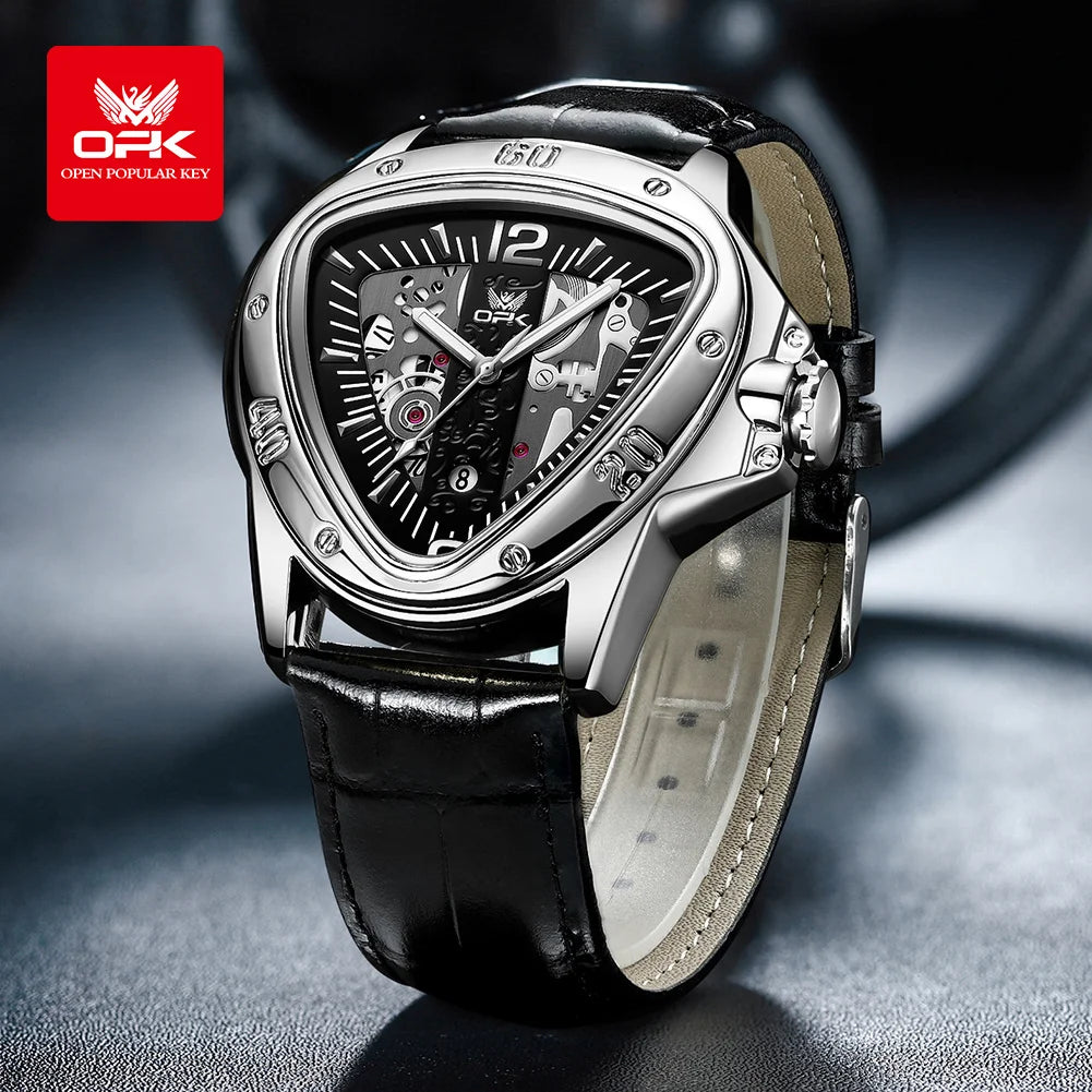OPK Mens — Alien Style Triangle Case Watch, Bold Large Dial, Complete Calendar [Colour Options]