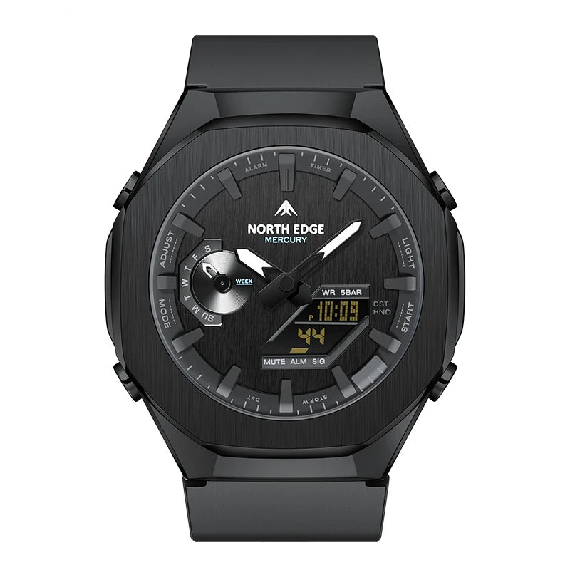 NORTH EDGE MERCURY Analog-Digital Sports Watch: World Time, Stopwatch, 5 Alarms, LED Backlight, 50m [Colour Options]
