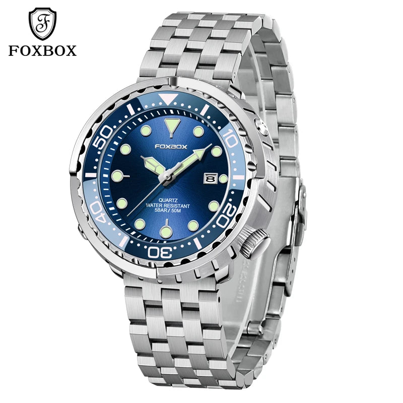 FOXBOX Shrouded Dive Watch — 50m Water Resistant, Auto Date, Luminous [Silicone & Metal Strap / Colour Options]