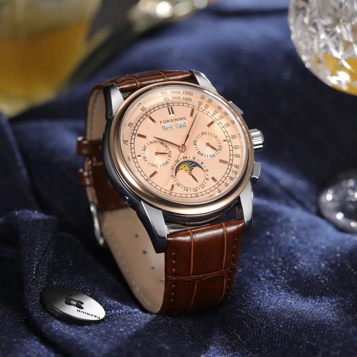 Forsining FS 177 — Retro Moon Phase Automatic Watch, Rose Gold Case, Brown Leather Strap, Self-Winding Movement