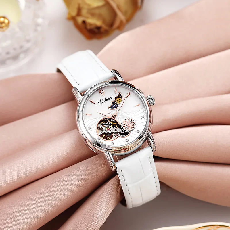 Enchanting Moon Phase Automatic Watch — Open Case Back, Stainless Steel, Ladies Mechanical Watch [Metal & Leather Strap Options]