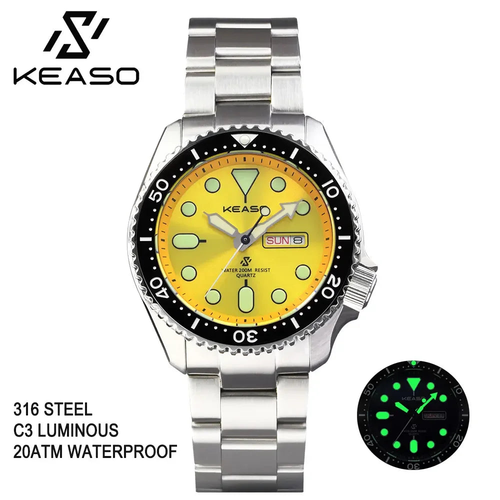 Beautiful KEASO Tribute Dive Watch with high specs — 200M, Sapphire, MIYOTA 2035 Quartz, Bright Bold Dial Options