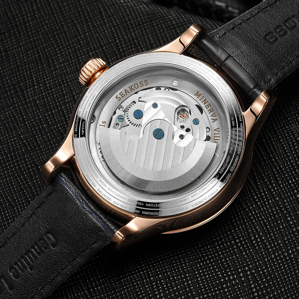 SEAKOSS Pilot Watch — Double Earth Rotating Automatic, Effortlessly Eye-Catching with Leather Strap [Colour Options]