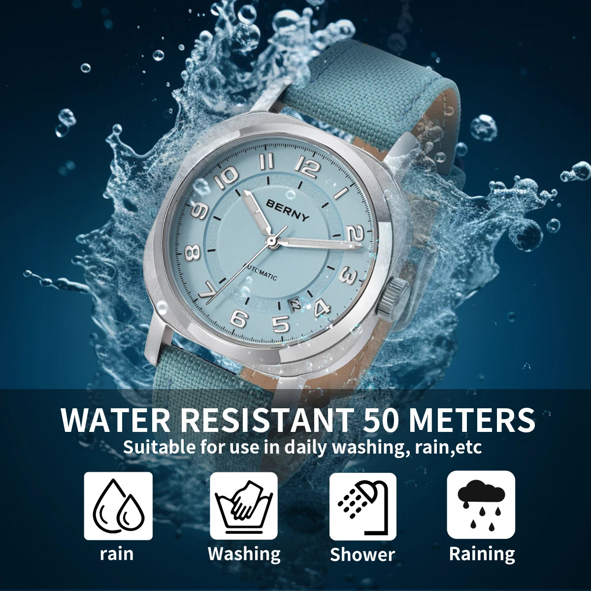 Head Turning BERNY Automatic — Women's Pillow Cushion Watch, Automatic Movement, Sapphire, Canvas Strap