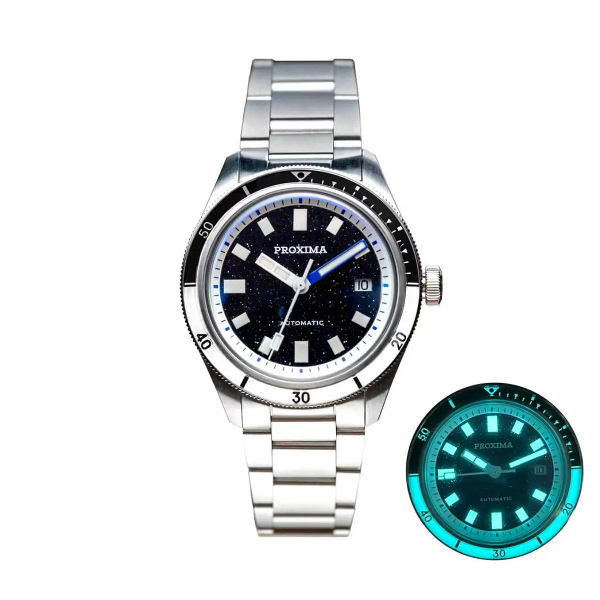 Proxima Mens Automatic Watch — Aventurine Dial, Full-Lume Sapphire Bezel — Quiet Luxury
