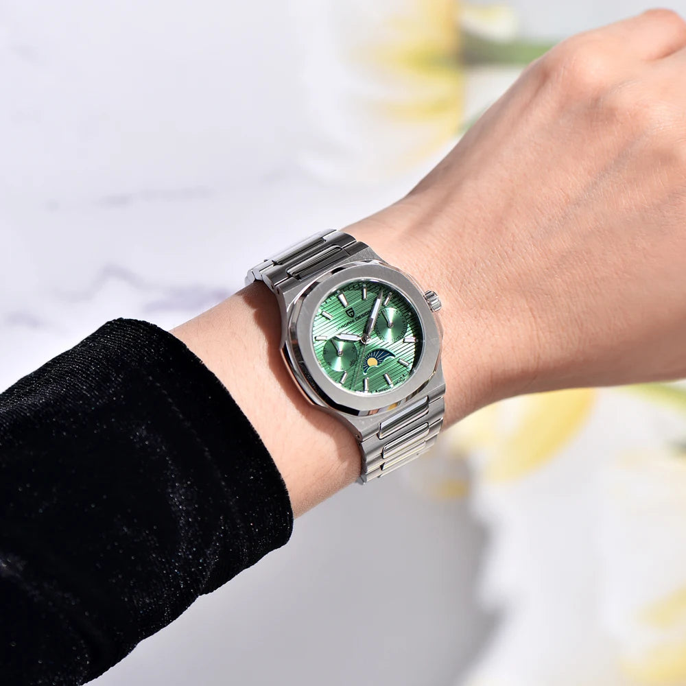 Stand Out Pagani Design PD-1786 — Women's Quartz Watch, Moon Phase & Day-Date, Ceramic Bezel [Multiple Colour Options]