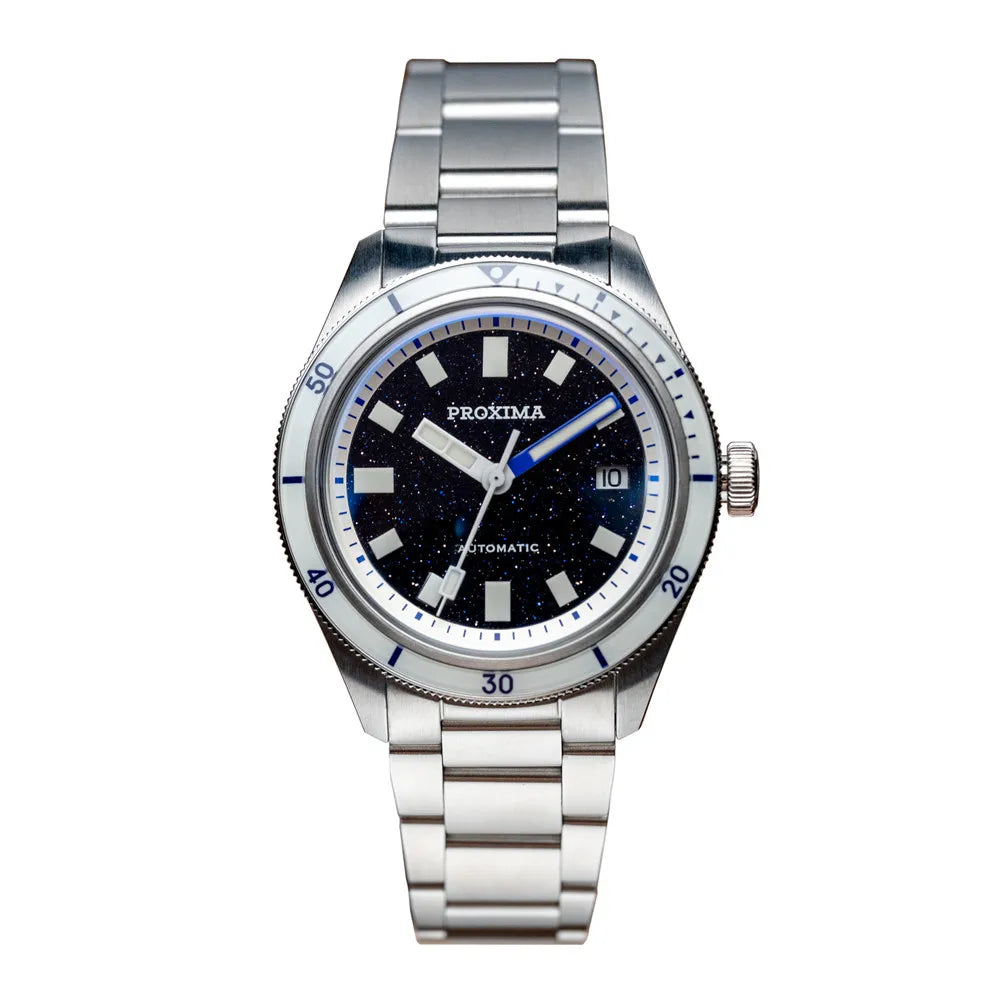 Proxima Mens Automatic Watch — Aventurine Dial, Full-Lume Sapphire Bezel — Quiet Luxury