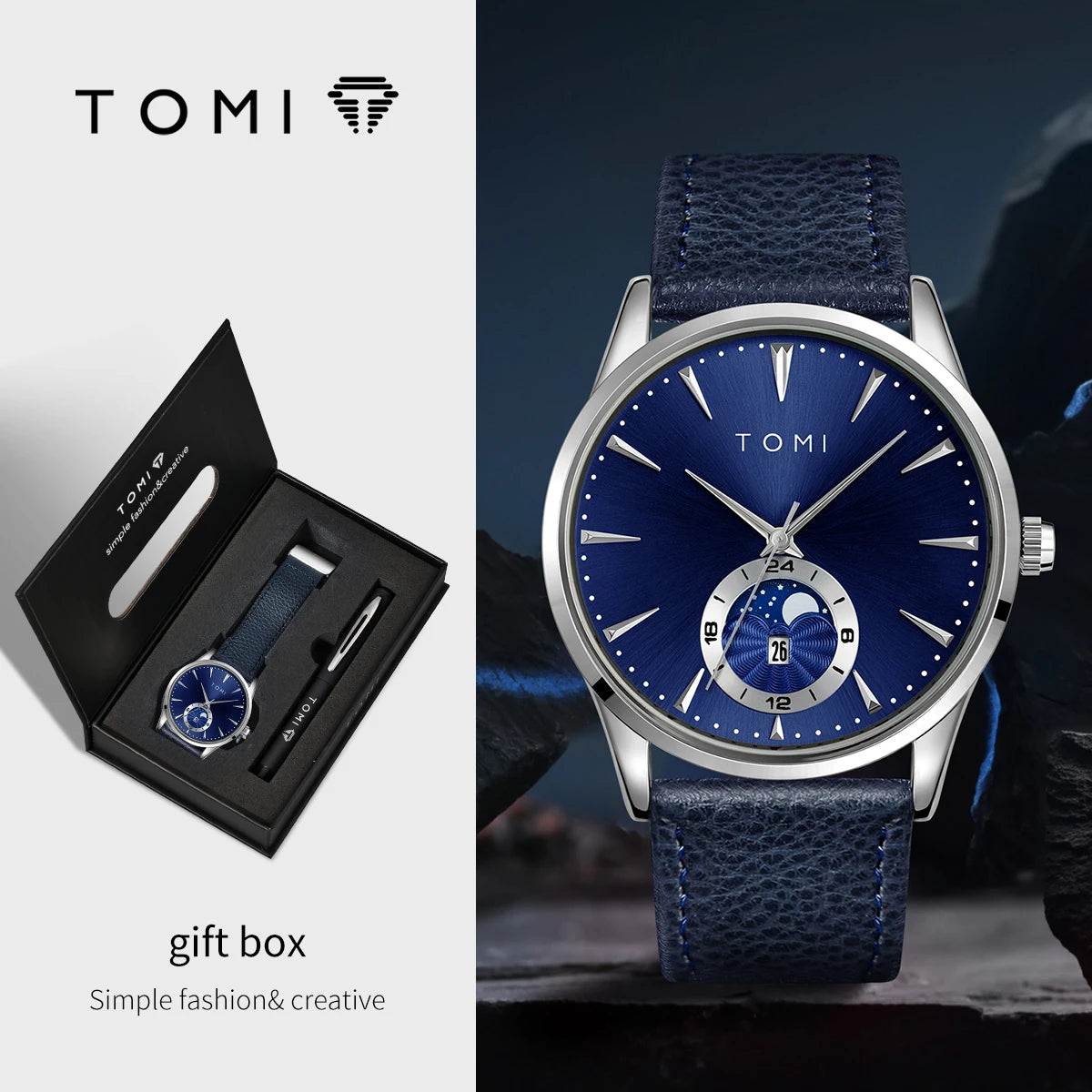 TOMI Men's Watch & Pen Gift Set — Sun & Moon Dial, Business Style, Boxed for Gifting [Colour Options]
