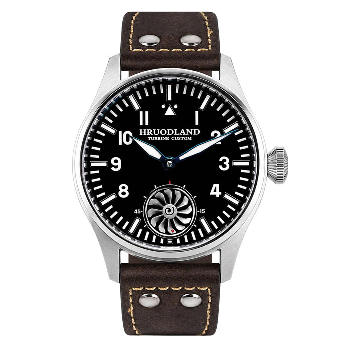 HRUODLAND HG016 Turbine Big Pilot watch, Night Flight Black dial, spinning turbine, brown leather strap
