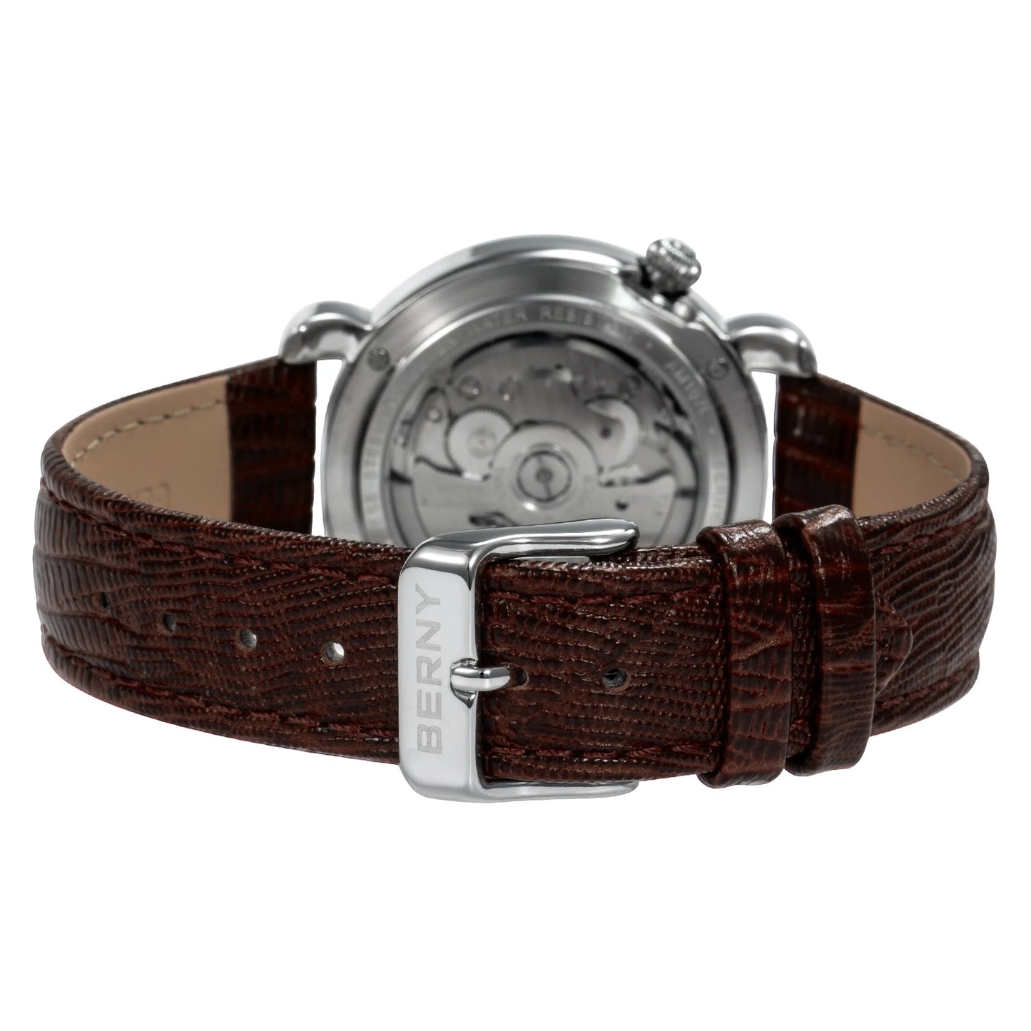 Beautiful BERNY AM107L — Women's Open Heart Automatic Watch, 24 Jewels, Genuine Leather Strap, Sapphire
