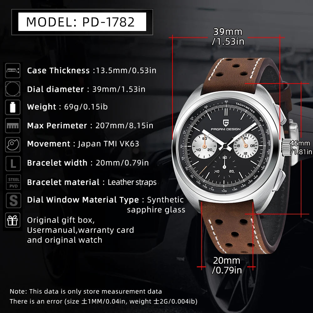 Pagani Design PD-1782 — Turtle Back Chronograph, Racing Style Strap, Sapphire, 100M Water Resistant [Colour Options]