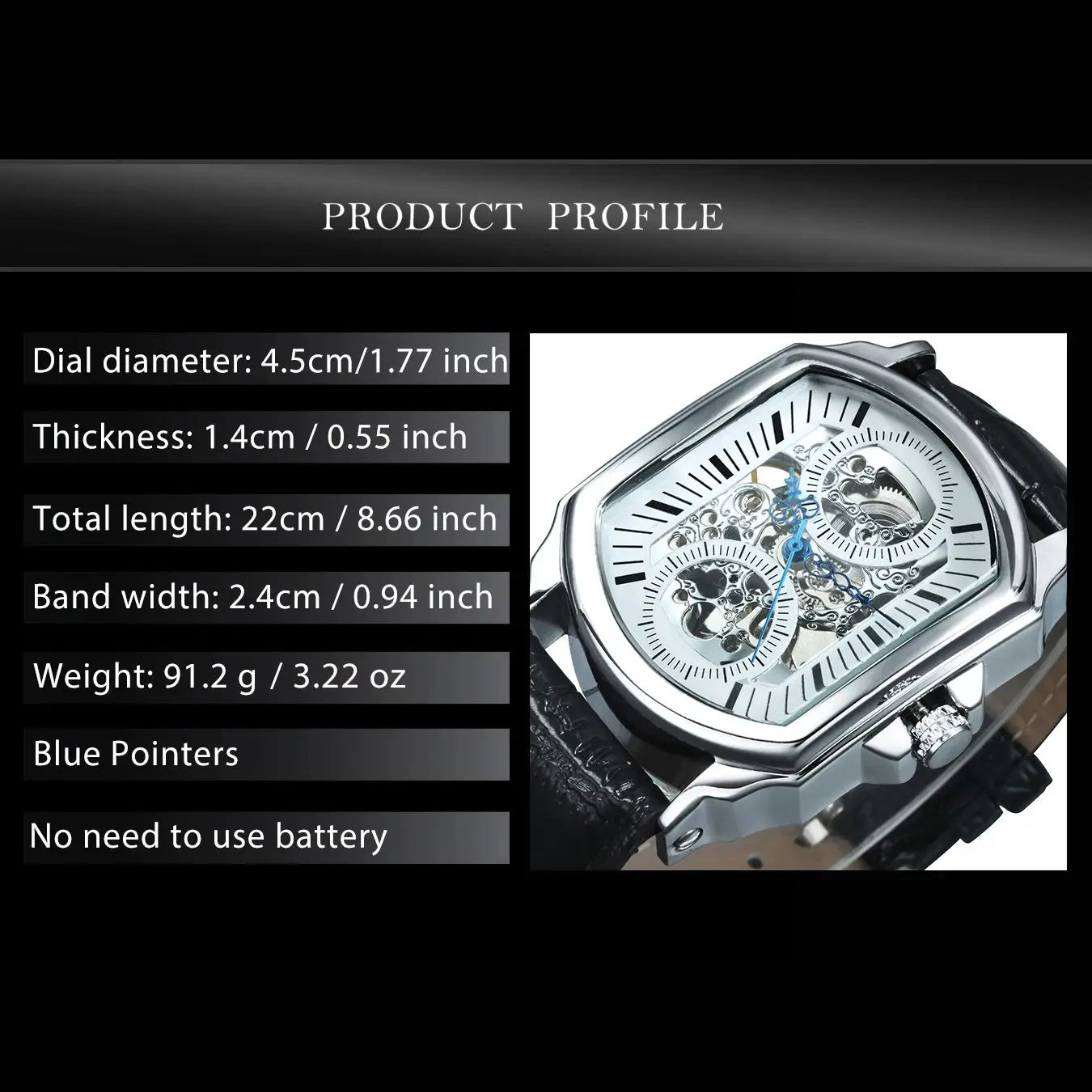 Bold Rectangle Skeleton Automatic Watch — Exhibition Case Back, Silver & White Dial