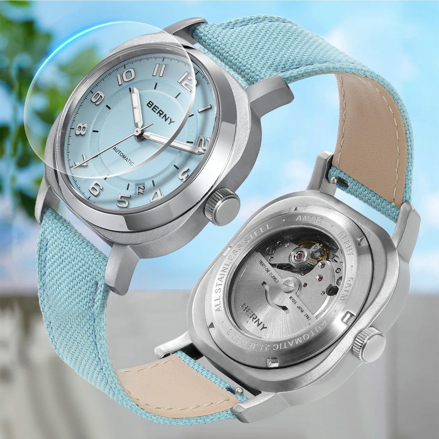 Head Turning BERNY Automatic — Women's Pillow Cushion Watch, Automatic Movement, Sapphire, Canvas Strap