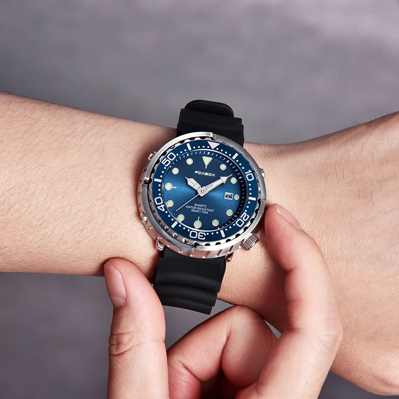 FOXBOX Shrouded Dive Watch — 50m Water Resistant, Auto Date, Luminous [Silicone & Metal Strap / Colour Options]
