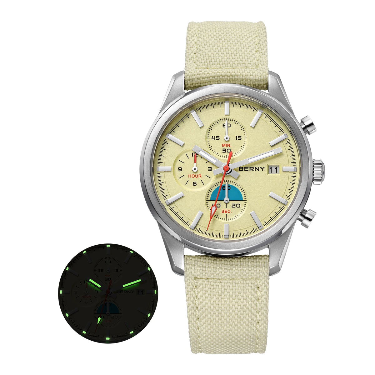 BERNY 2826M Chronograph — Miyota OS10 Quartz, AR-Coated Sapphire, 37mm, 50m, Luminous, Canvas Strap [Dial & Strap Options]